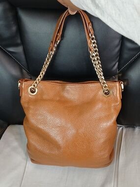 Michael By Michael Kors Brown Leather Shoulder Bag with Gold Chain Handles